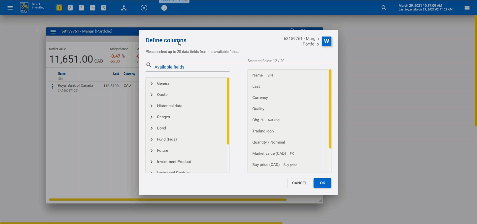 GIF showing how to add and remove columns in the portfolio widget.